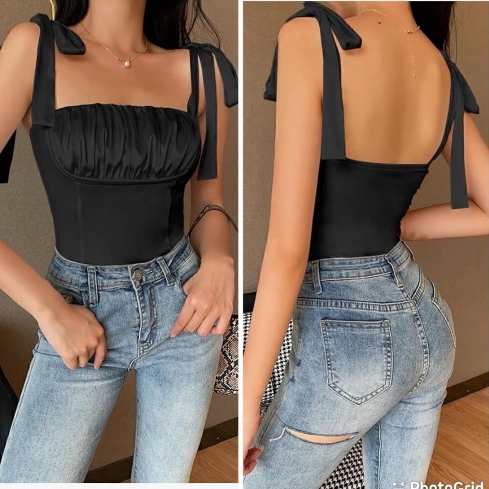 Sexy Satin Sleeveless Backless Tie Shoulder Straps Ruffle Corset Top Bodysuit L